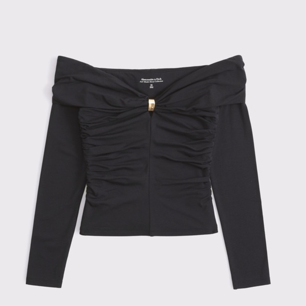 Abercrombie Off Shoulder Ruched Top Black Long Sleeve Hardware Detail Size M NWT